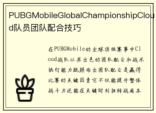 PUBGMobileGlobalChampionshipCloud队员团队配合技巧