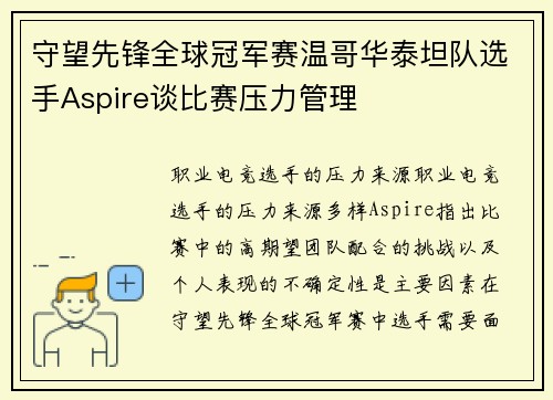 守望先锋全球冠军赛温哥华泰坦队选手Aspire谈比赛压力管理