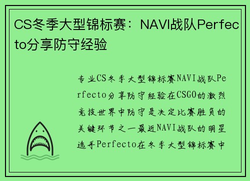 CS冬季大型锦标赛：NAVI战队Perfecto分享防守经验